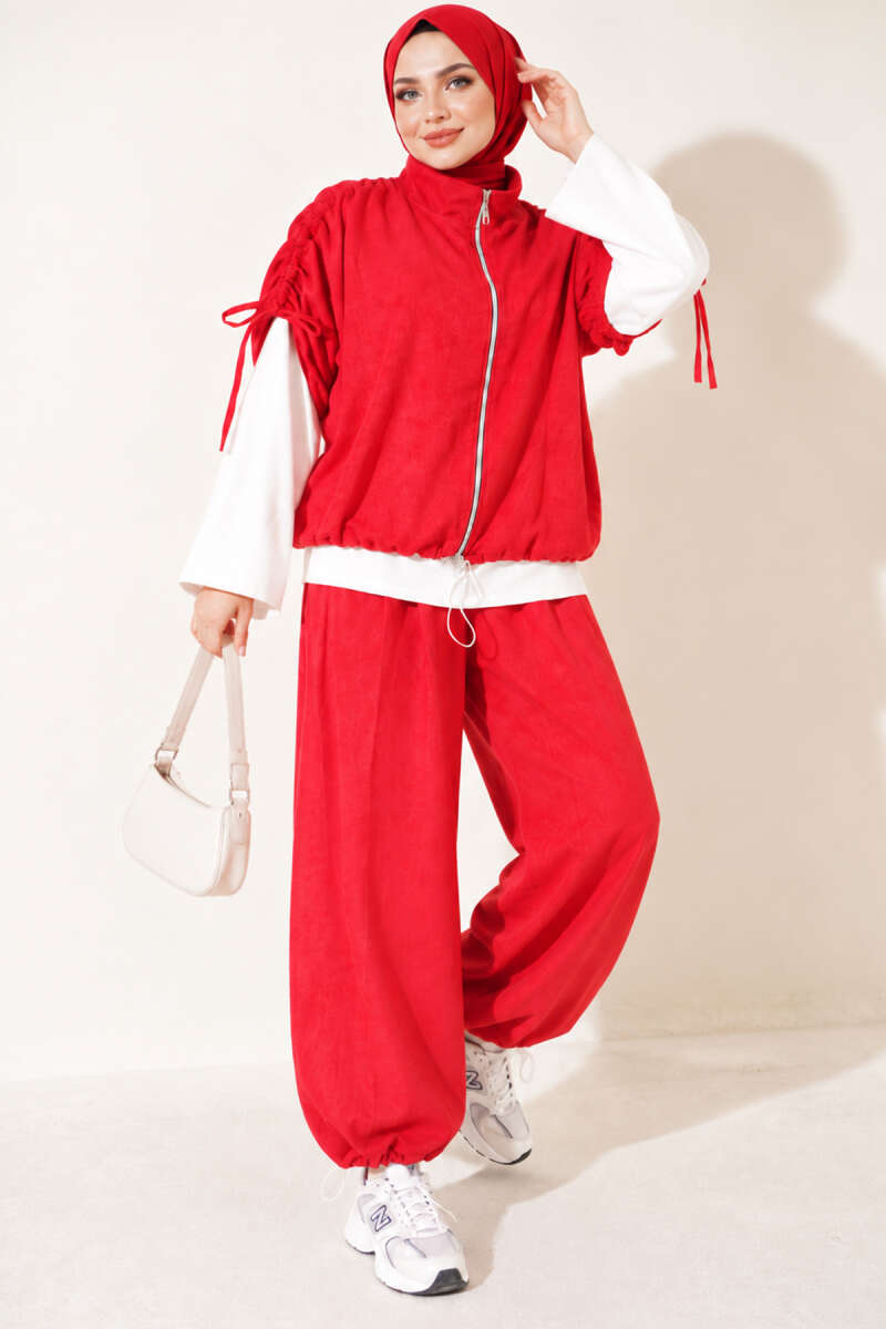 Three-Piece Set with Shoulder Tie Detail - Red
