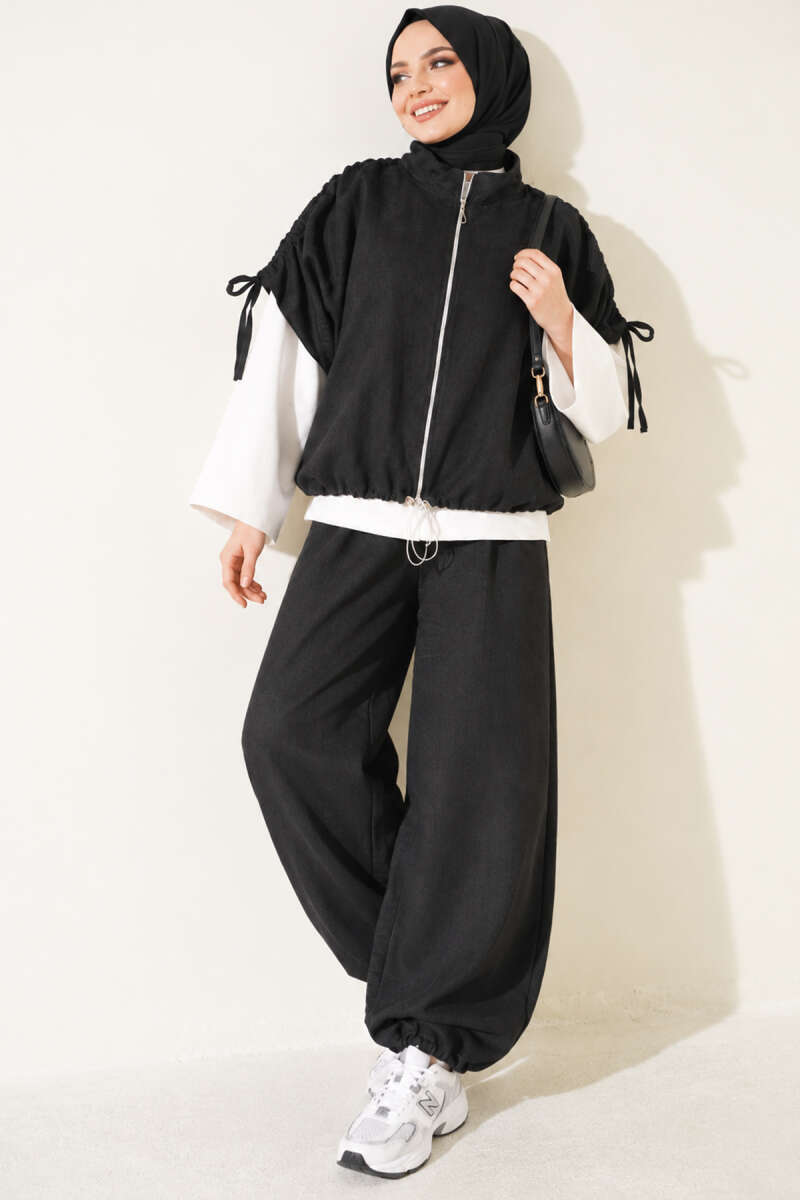 Three-Piece Set with Shoulder Tie Detail - Black