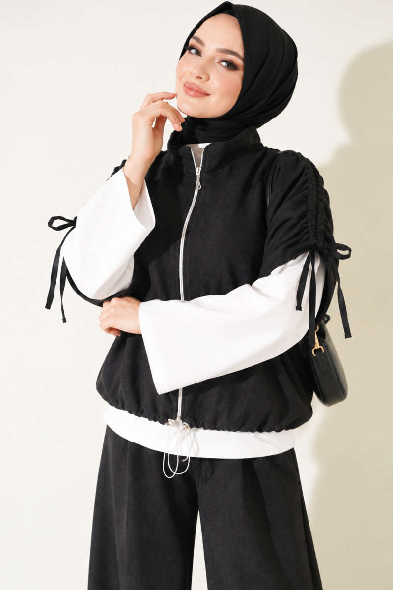 Three-Piece Set with Shoulder Tie Detail - Black