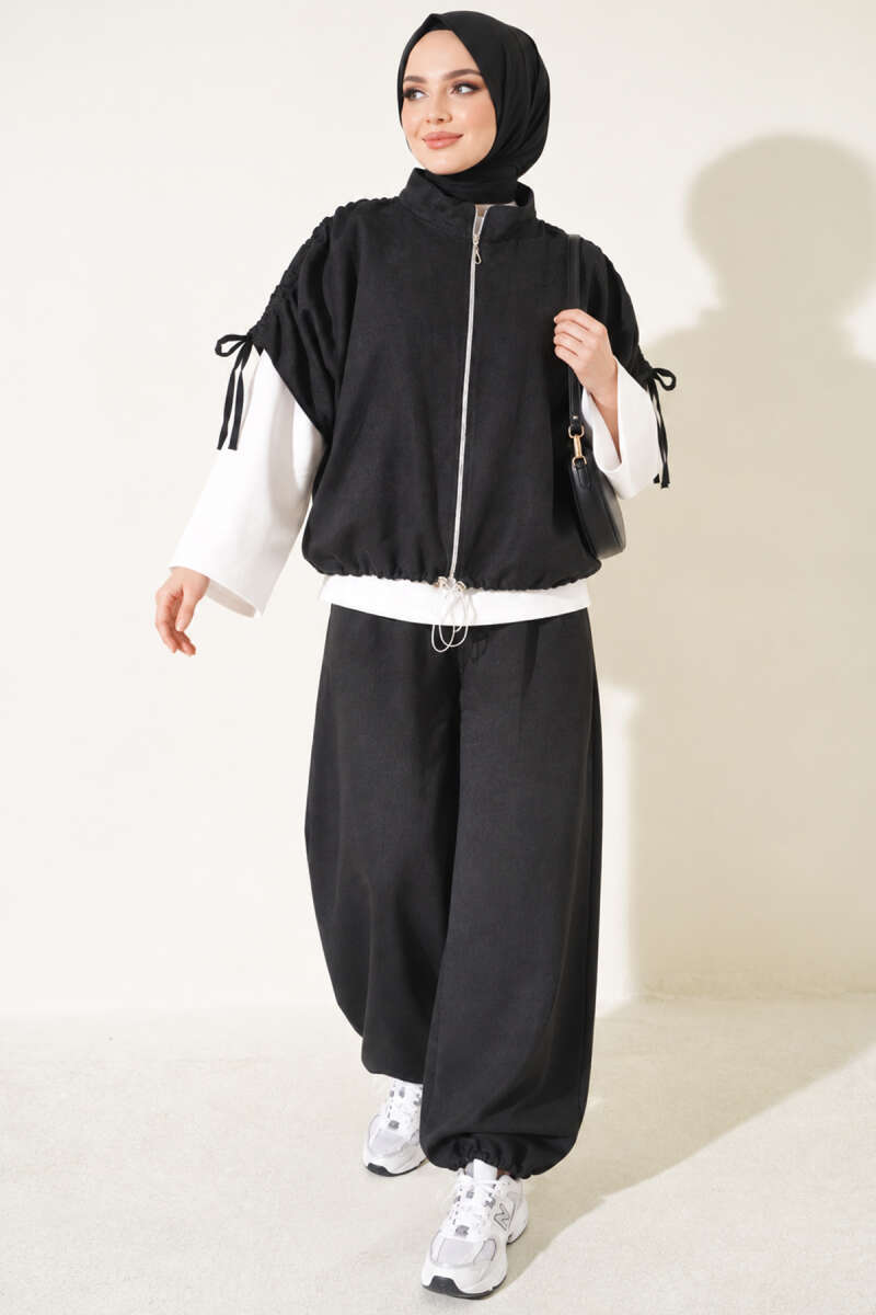 Three-Piece Set with Shoulder Tie Detail - Black