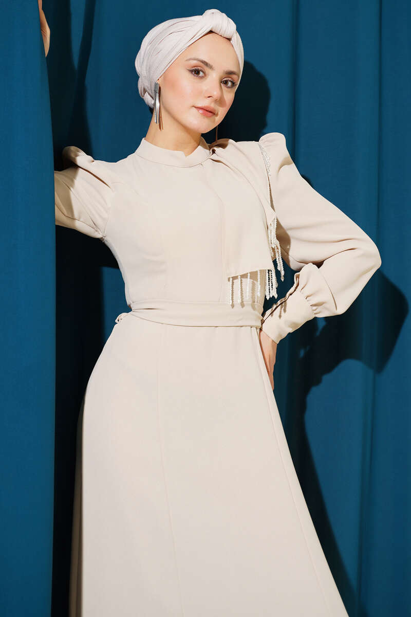 Belted Evening Dress with Beaded Shoulders - Beige