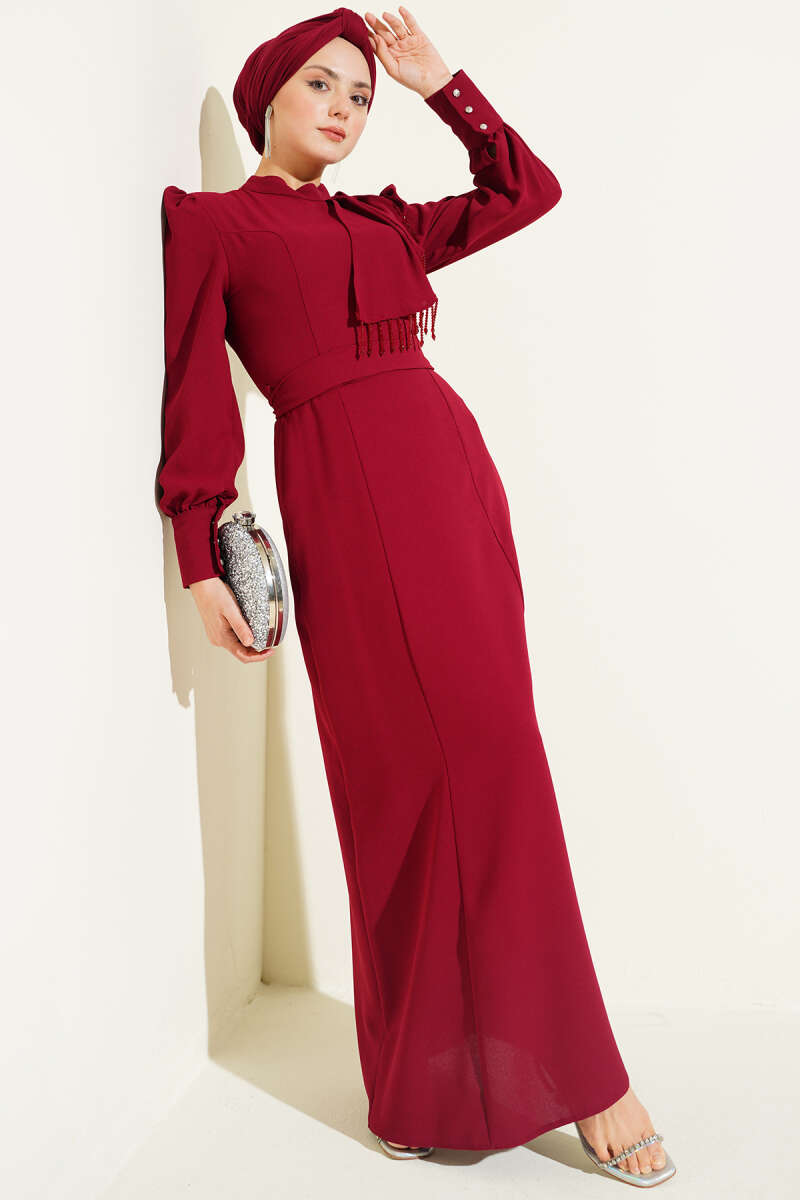 Belted Evening Dress with Beaded Shoulders - Burgundy