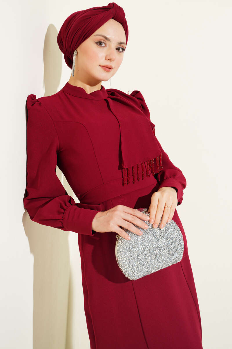Belted Evening Dress with Beaded Shoulders - Burgundy