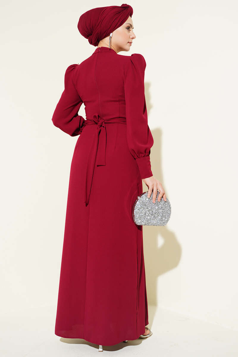 Belted Evening Dress with Beaded Shoulders - Burgundy