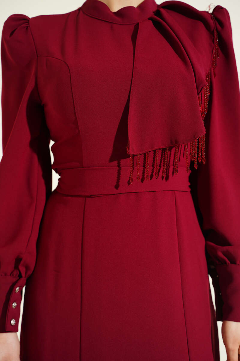 Belted Evening Dress with Beaded Shoulders - Burgundy