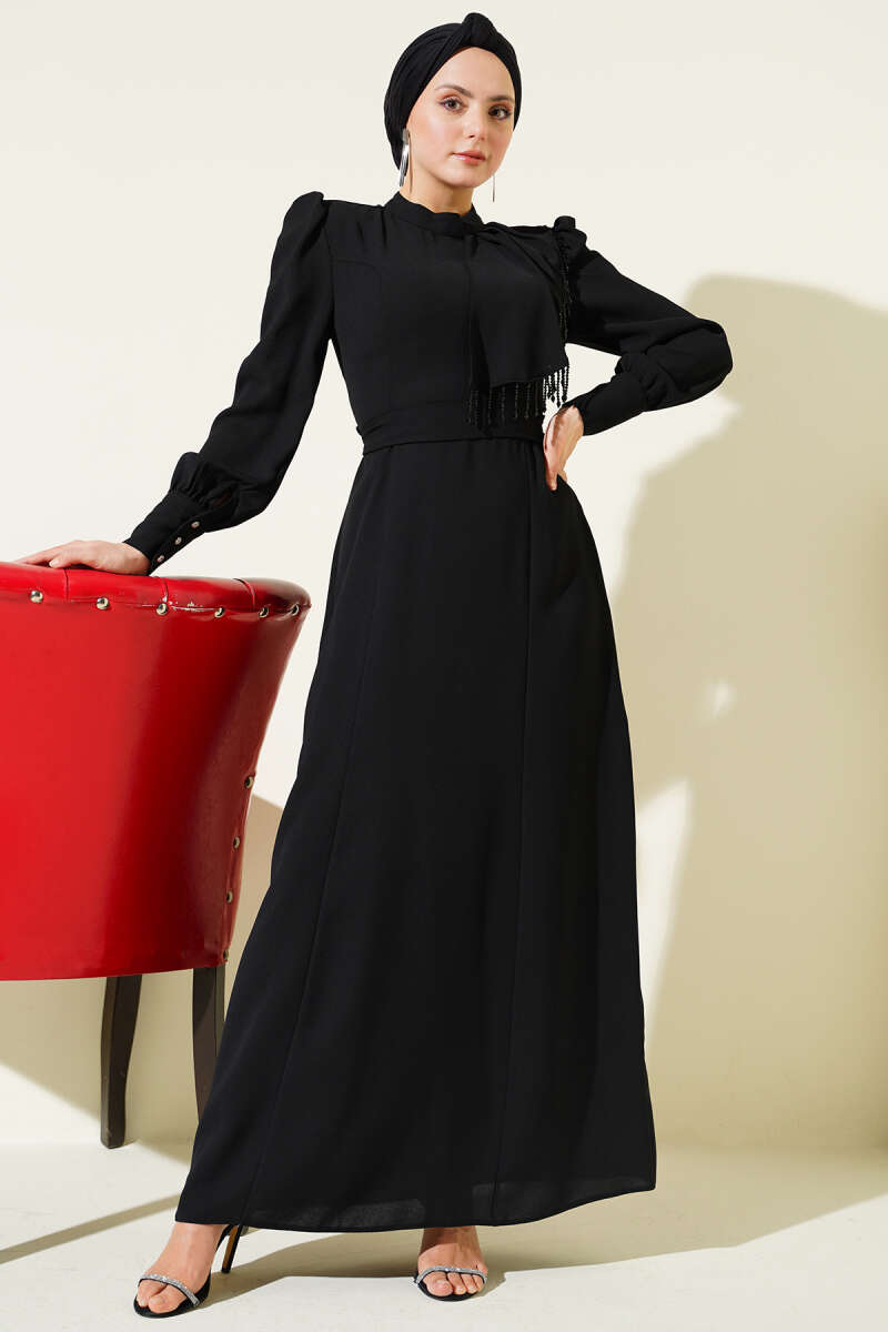 Belted Evening Dress with Beaded Shoulders - Black