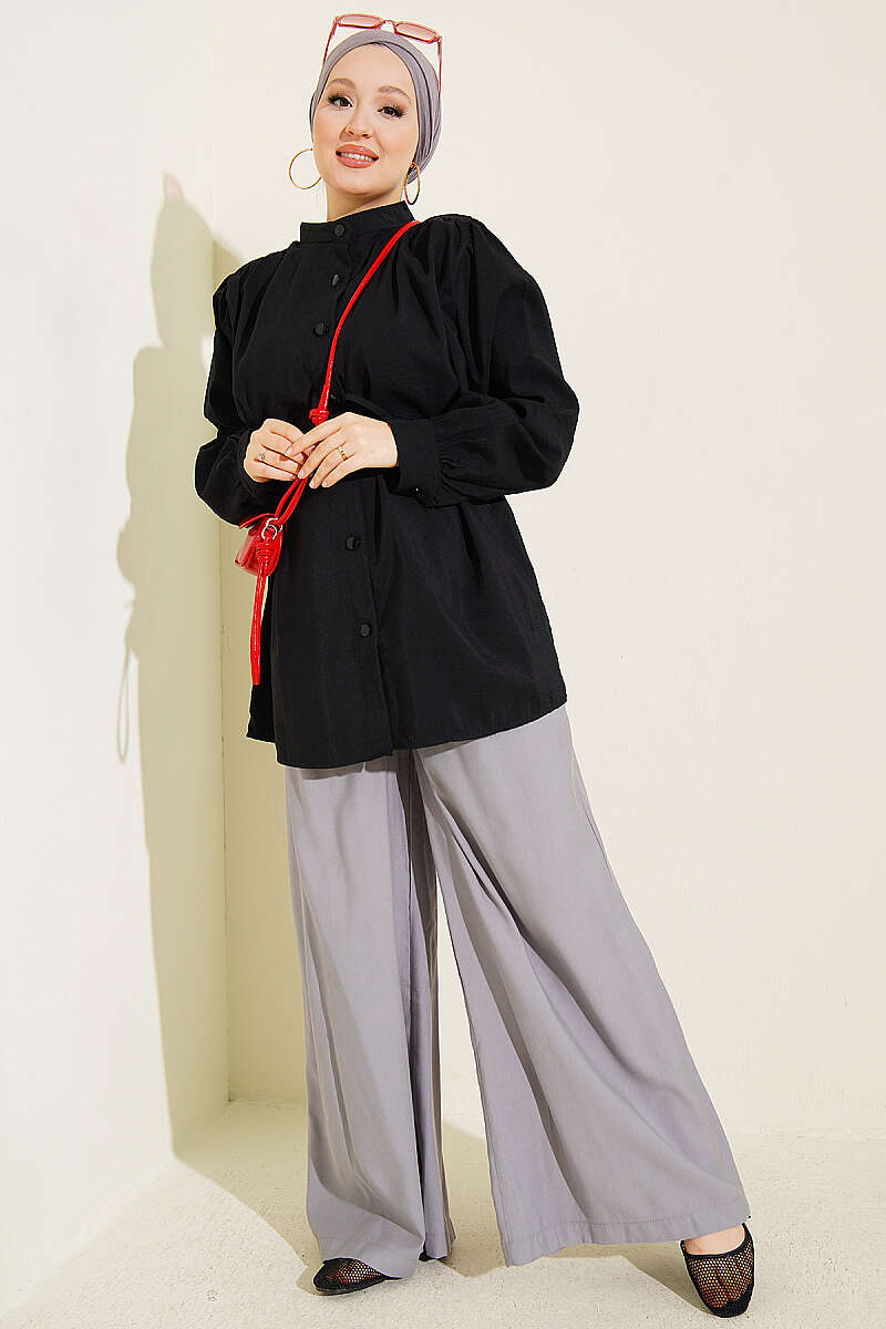 Shirt with Gathered Shoulders and Cord Belt - Black