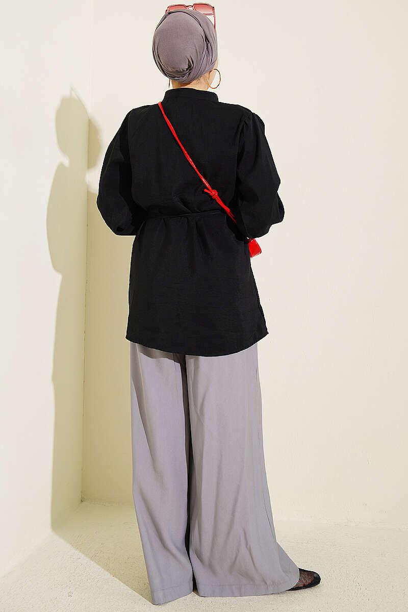 Shirt with Gathered Shoulders and Cord Belt - Black