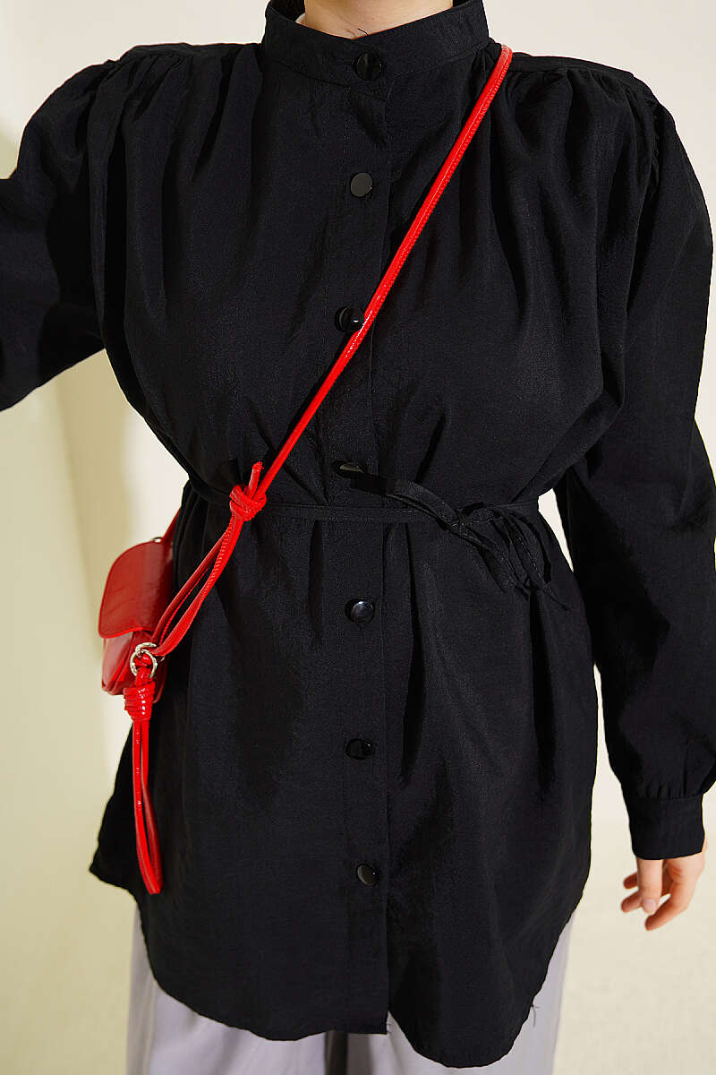 Shirt with Gathered Shoulders and Cord Belt - Black