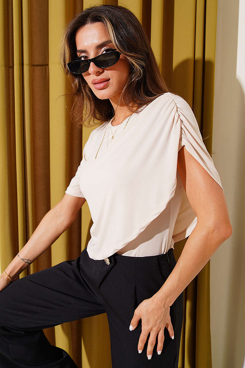 Asymmetric Sandy Blouse with Ruched Shoulder - Beige
