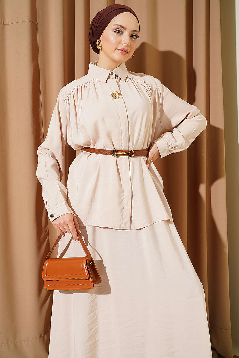 Modal Skirt Set with Ruched Shoulders - Beige