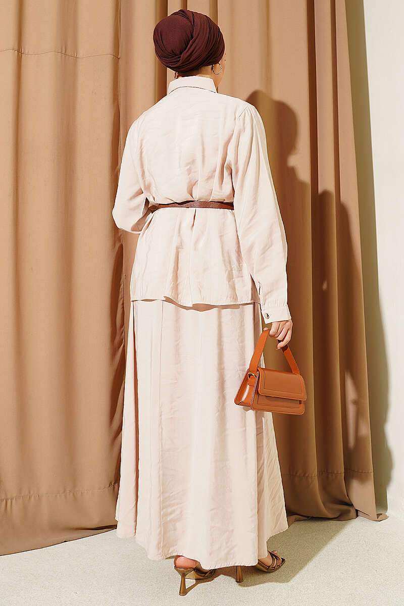 Modal Skirt Set with Ruched Shoulders - Beige