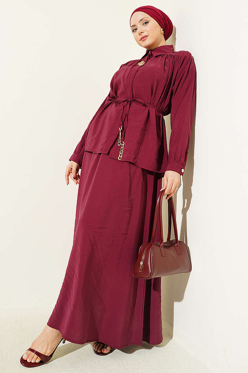 Modal Skirt Set with Ruched Shoulders - Burgundy
