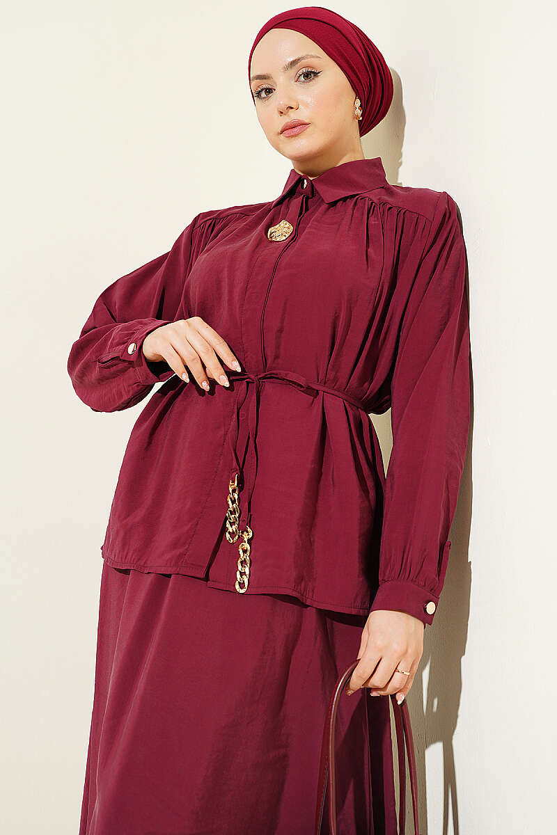 Modal Skirt Set with Ruched Shoulders - Burgundy