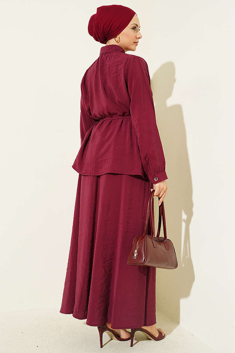Modal Skirt Set with Ruched Shoulders - Burgundy