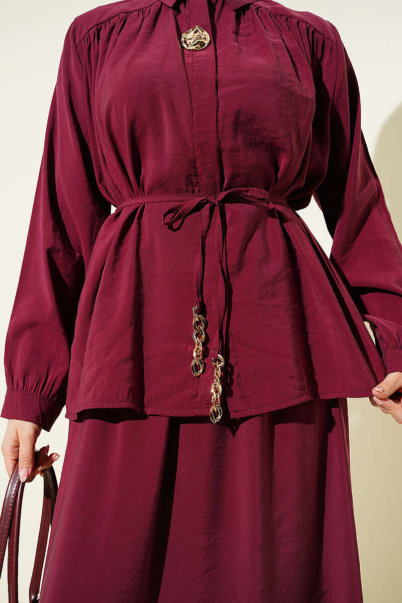 Modal Skirt Set with Ruched Shoulders - Burgundy