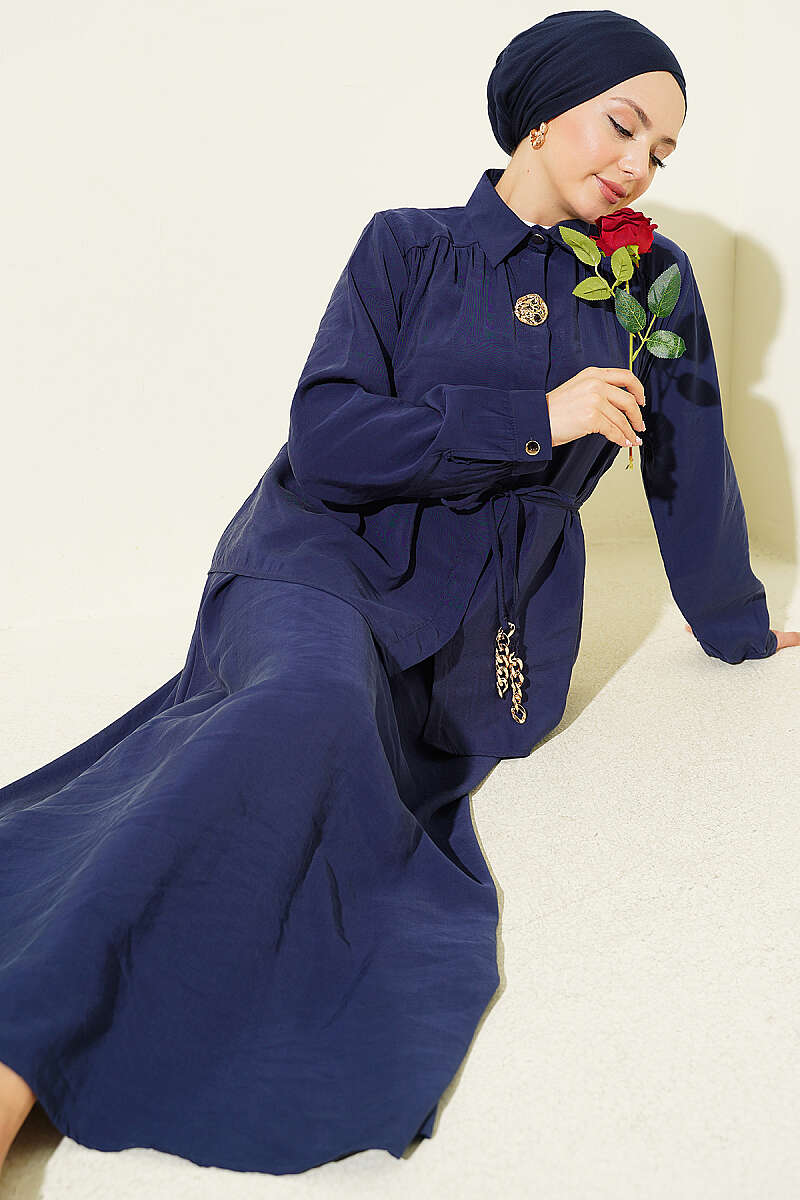 Modal Skirt Set with Ruched Shoulders - Navy
