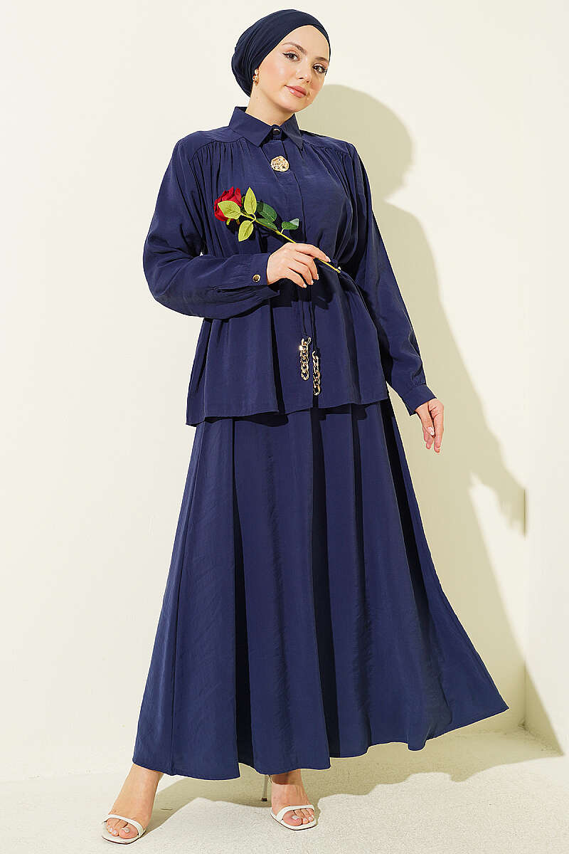 Modal Skirt Set with Ruched Shoulders - Navy