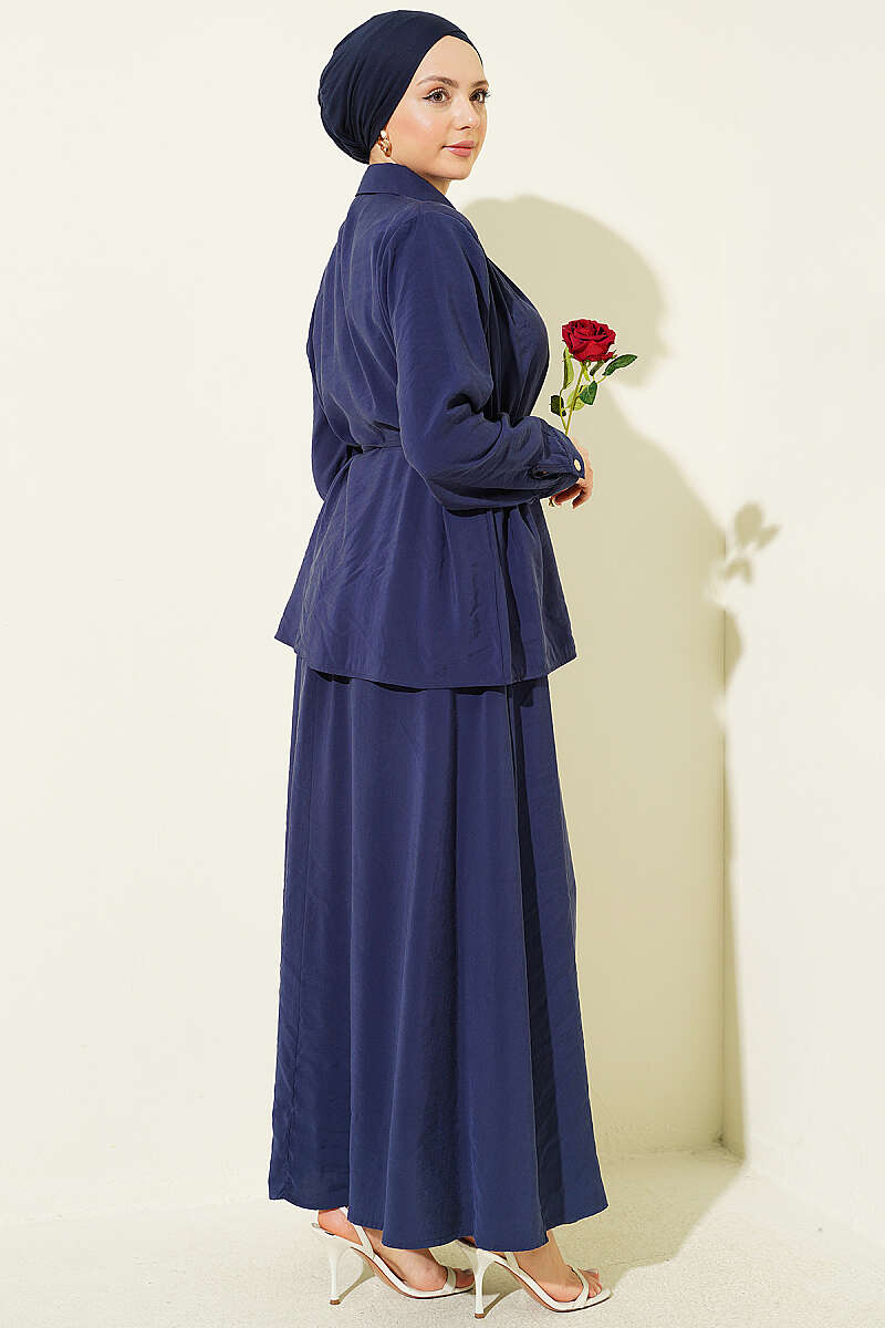 Modal Skirt Set with Ruched Shoulders - Navy