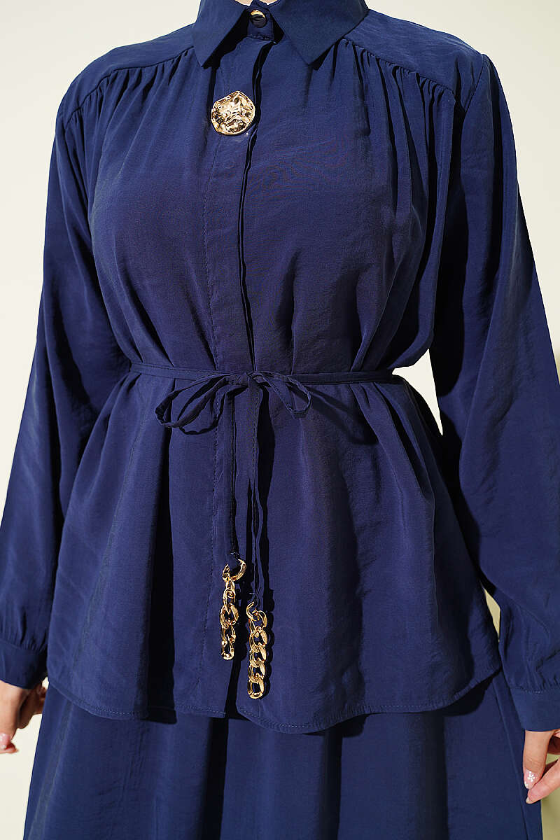 Modal Skirt Set with Ruched Shoulders - Navy