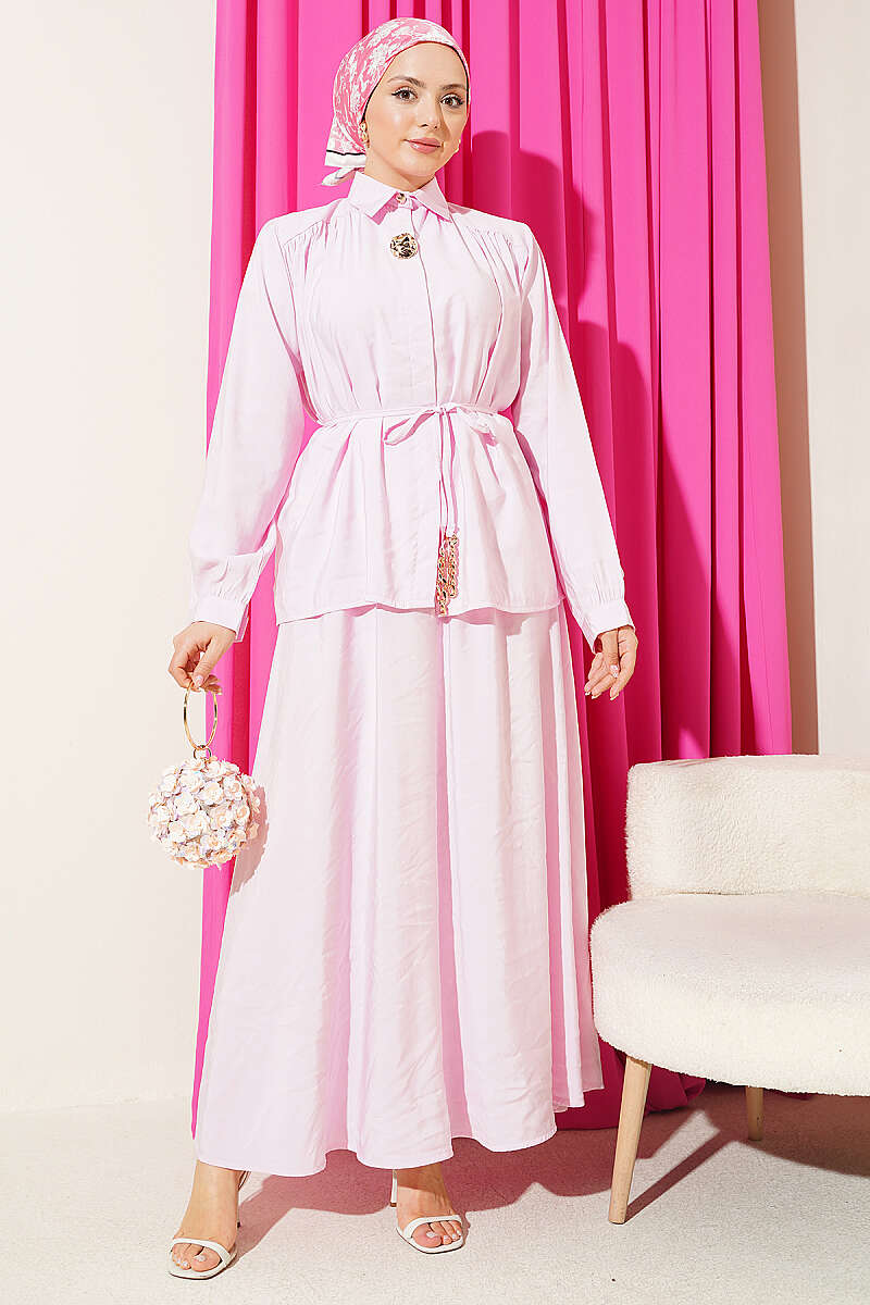 Modal Skirt Set with Ruched Shoulders - Pink