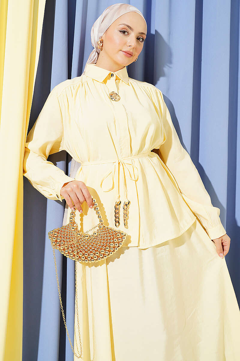 Modal Skirt Set with Ruched Shoulders - Yellow
