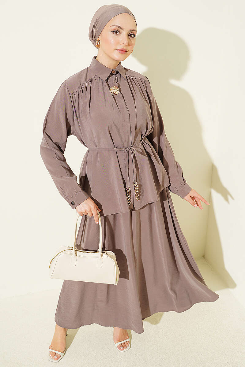 Modal Skirt Set with Ruched Shoulders - Mink