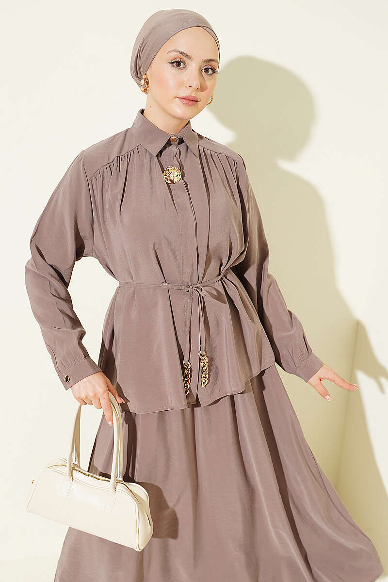 Modal Skirt Set with Ruched Shoulders - Mink