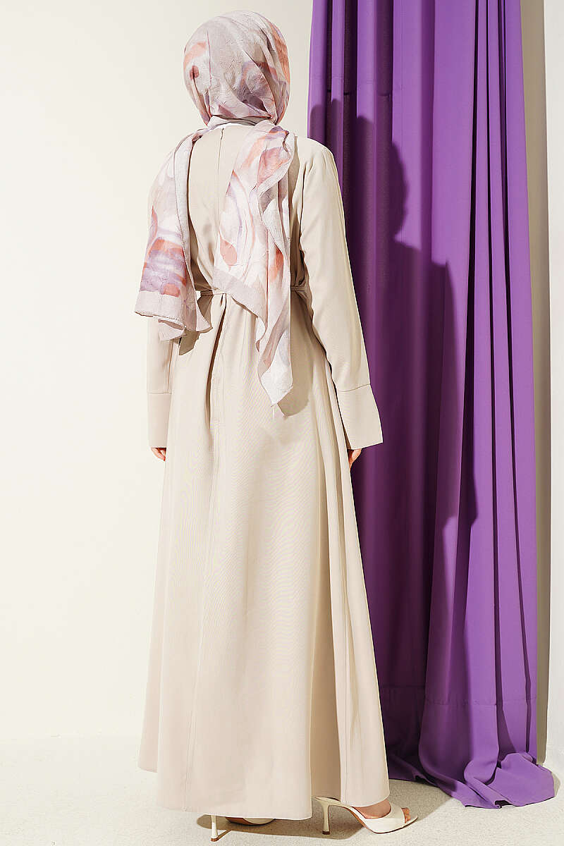 Tencel Dress with Ruched Shoulders and Gold Buckle - Beige