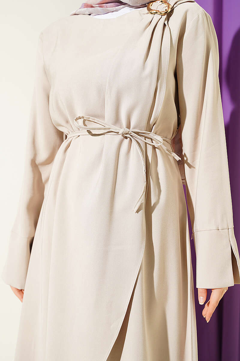 Tencel Dress with Ruched Shoulders and Gold Buckle - Beige