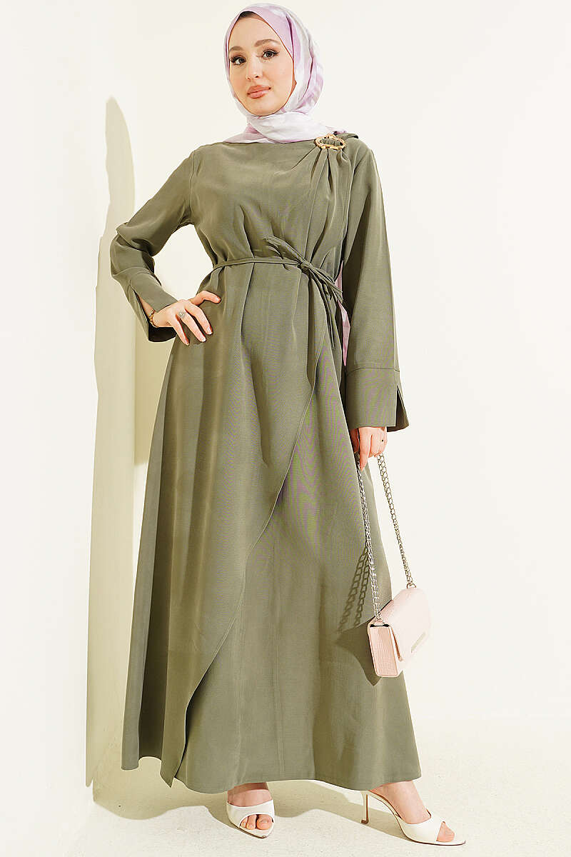 Tencel Dress with Ruched Shoulders and Gold Buckle - Khaki