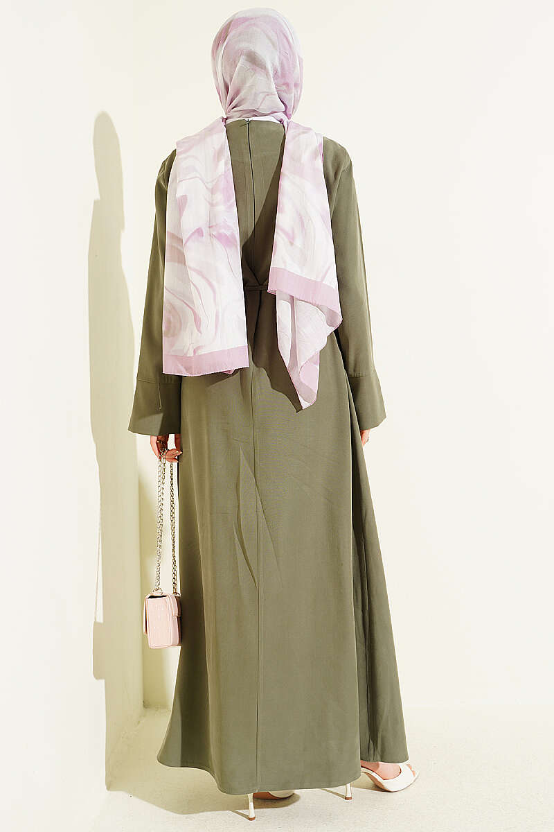 Tencel Dress with Ruched Shoulders and Gold Buckle - Khaki