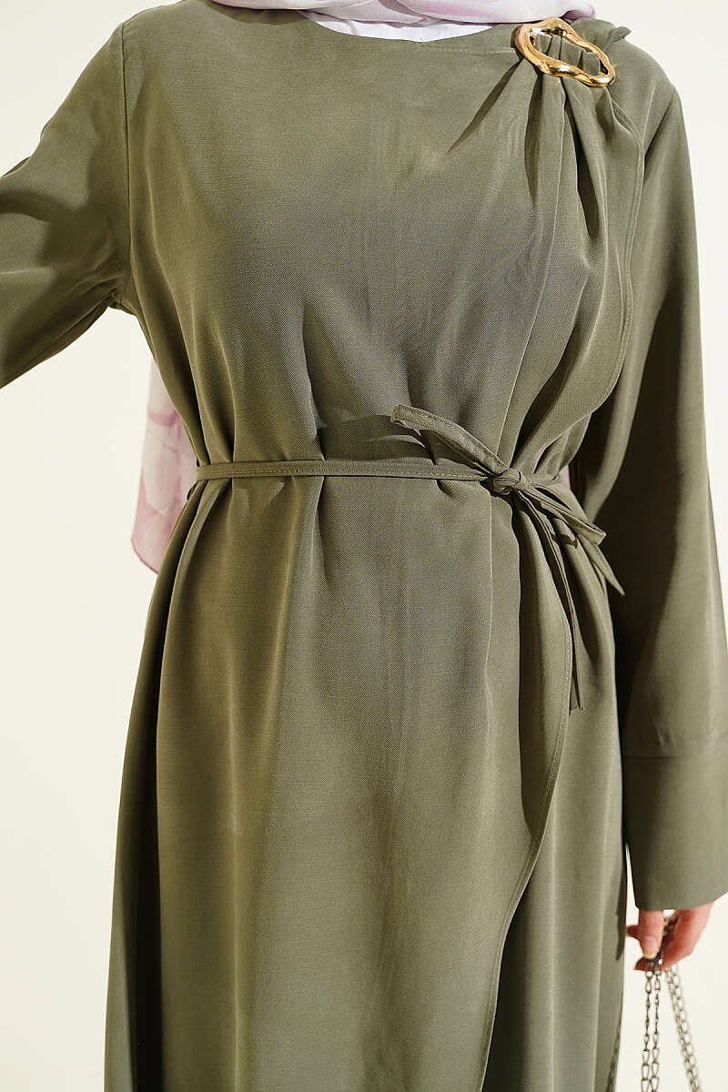 Tencel Dress with Ruched Shoulders and Gold Buckle - Khaki
