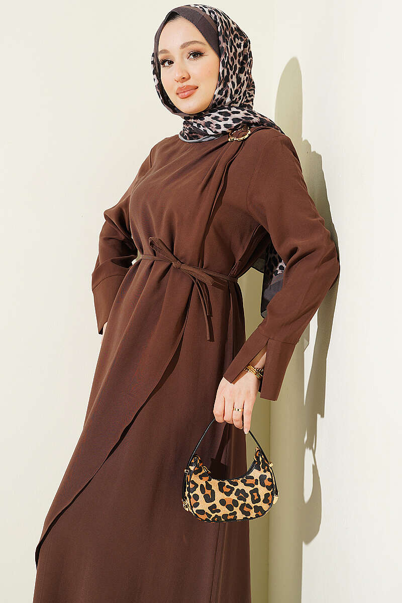Tencel Dress with Ruched Shoulders and Gold Buckle - Brown