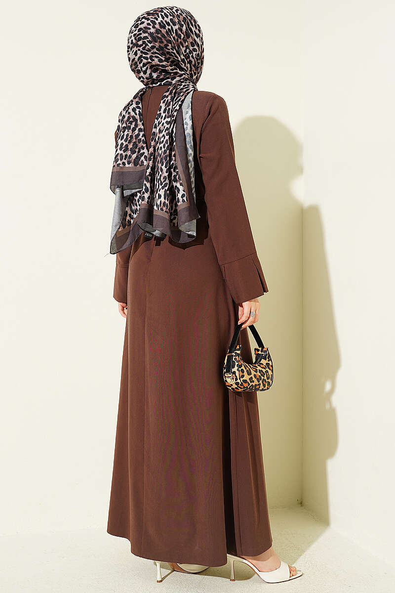 Tencel Dress with Ruched Shoulders and Gold Buckle - Brown