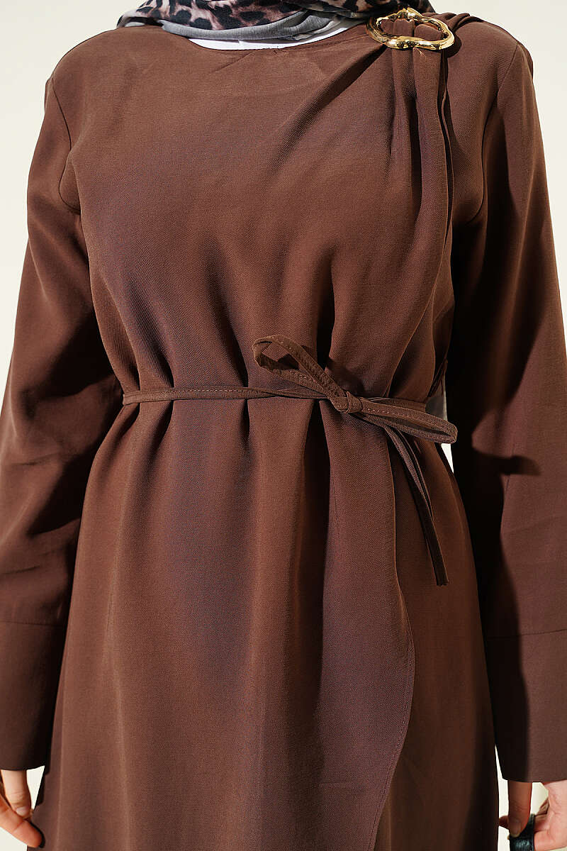 Tencel Dress with Ruched Shoulders and Gold Buckle - Brown