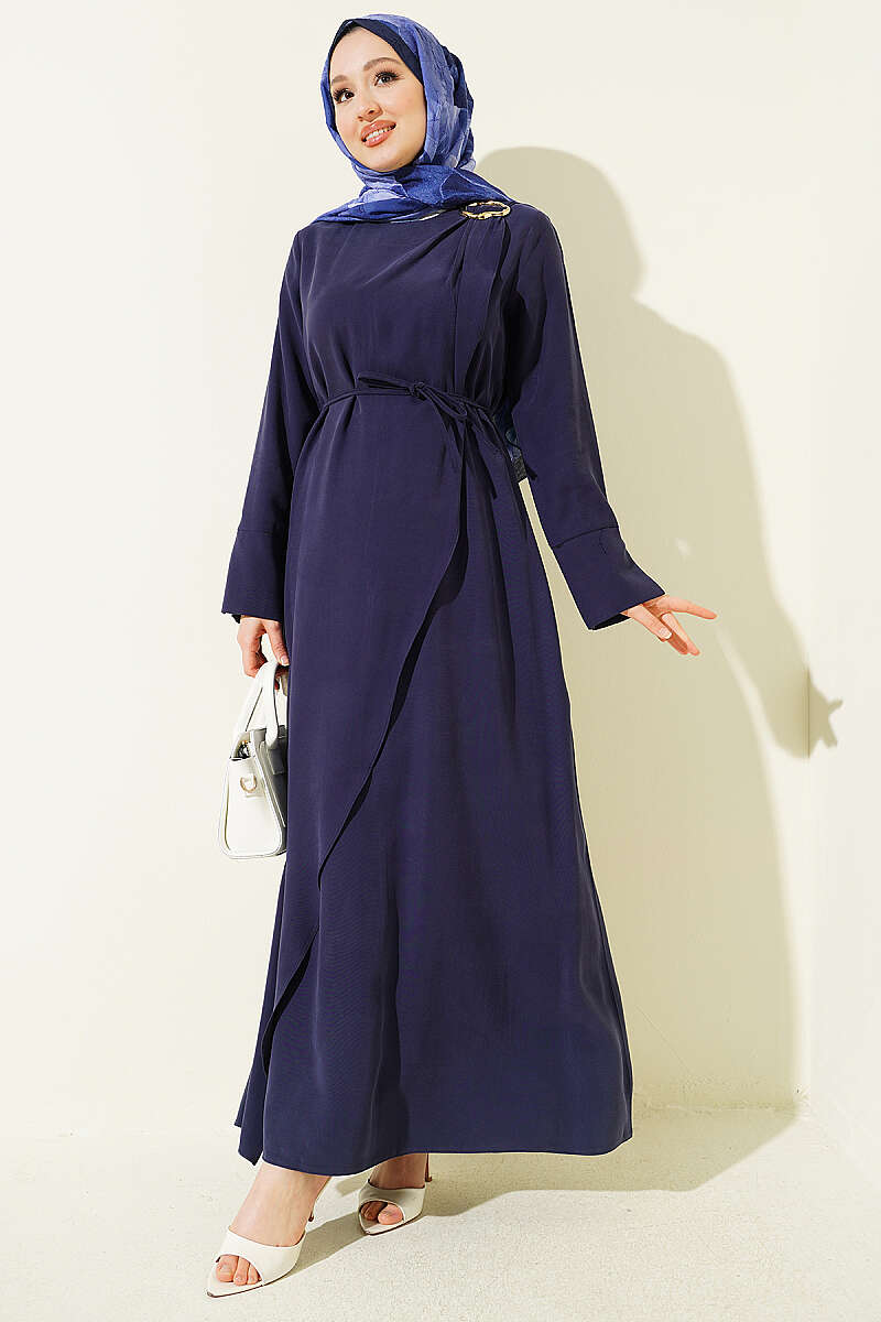 Tencel Dress with Ruched Shoulders and Gold Buckle - Navy