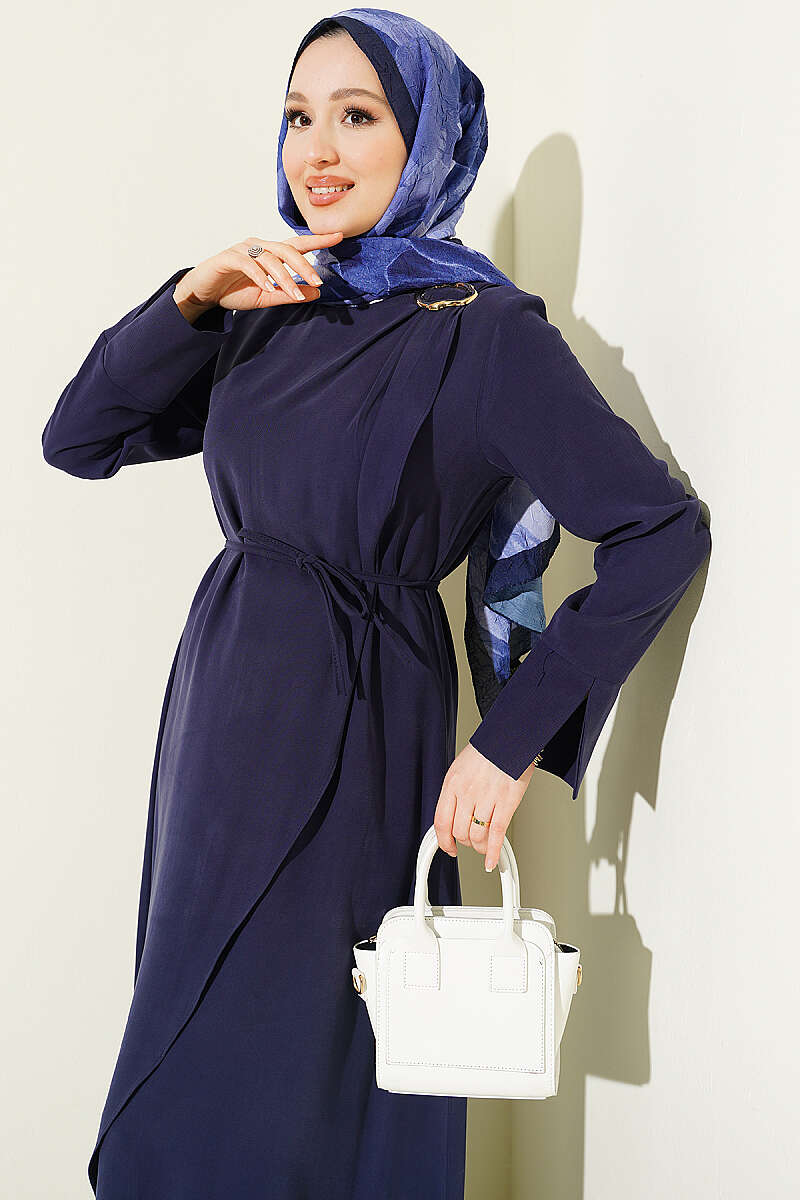 Tencel Dress with Ruched Shoulders and Gold Buckle - Navy