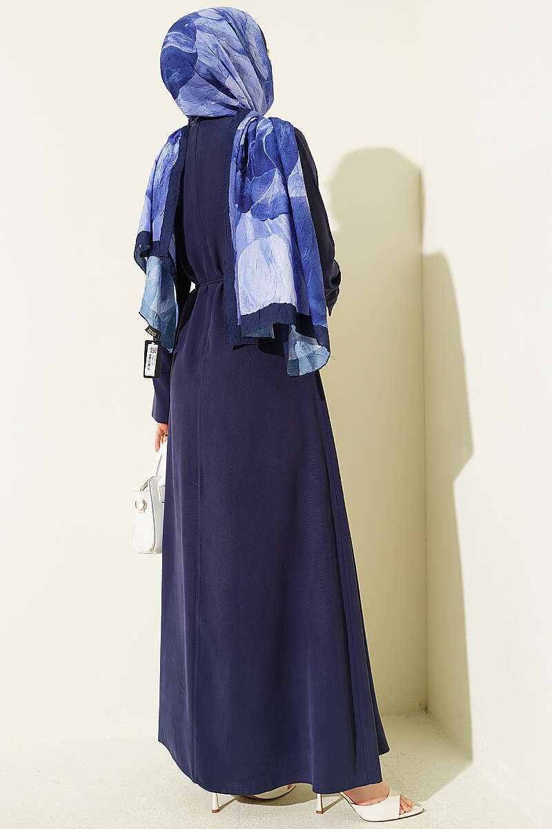 Tencel Dress with Ruched Shoulders and Gold Buckle - Navy