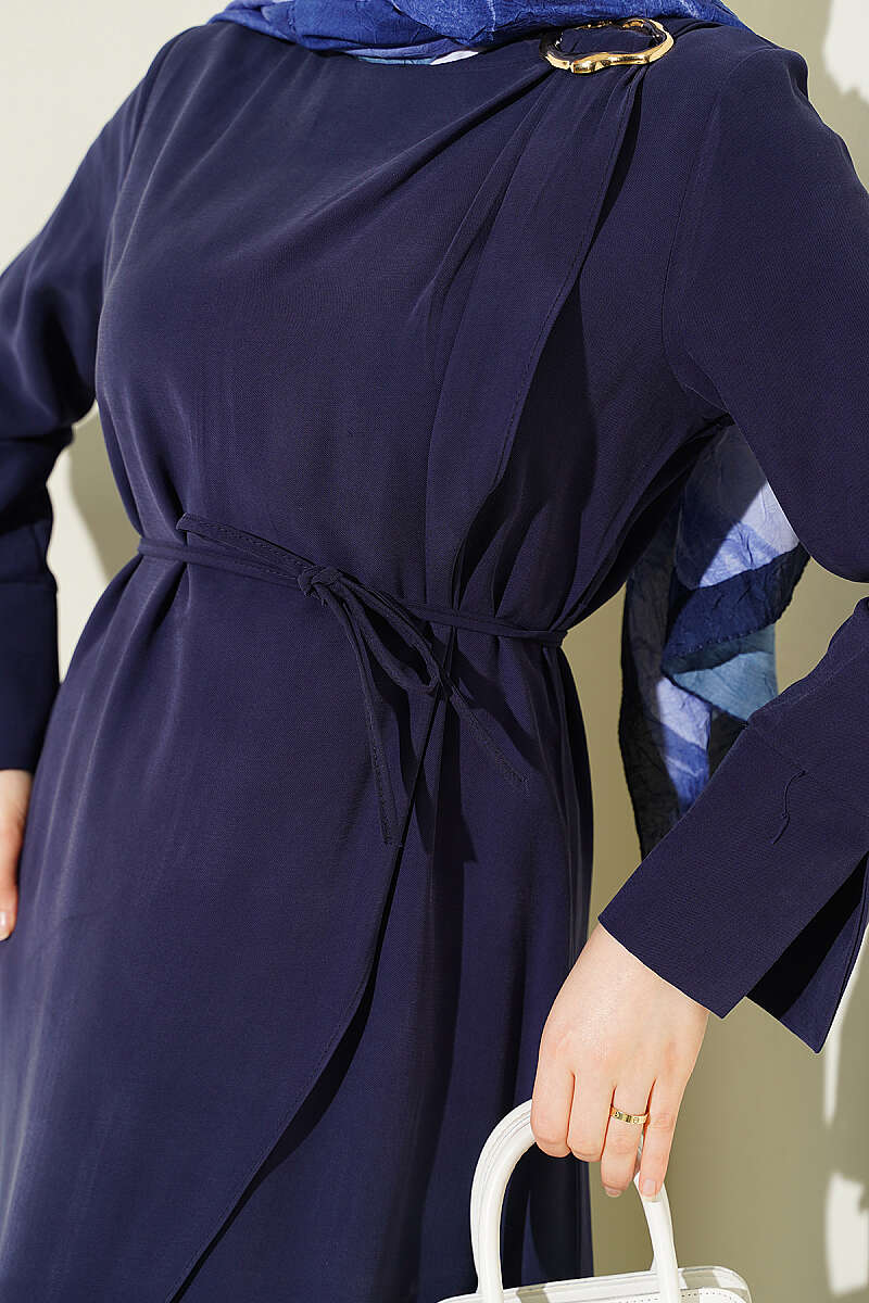 Tencel Dress with Ruched Shoulders and Gold Buckle - Navy