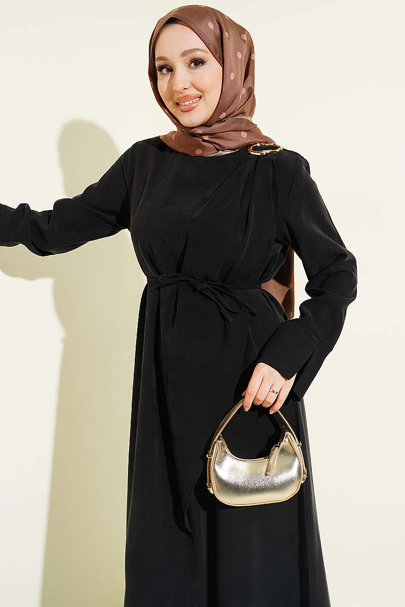 Tencel Dress with Ruched Shoulders and Gold Buckle - Black