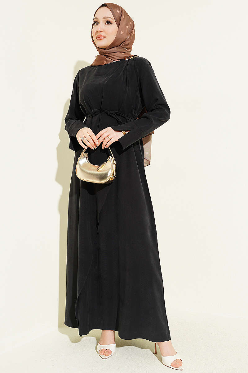 Tencel Dress with Ruched Shoulders and Gold Buckle - Black