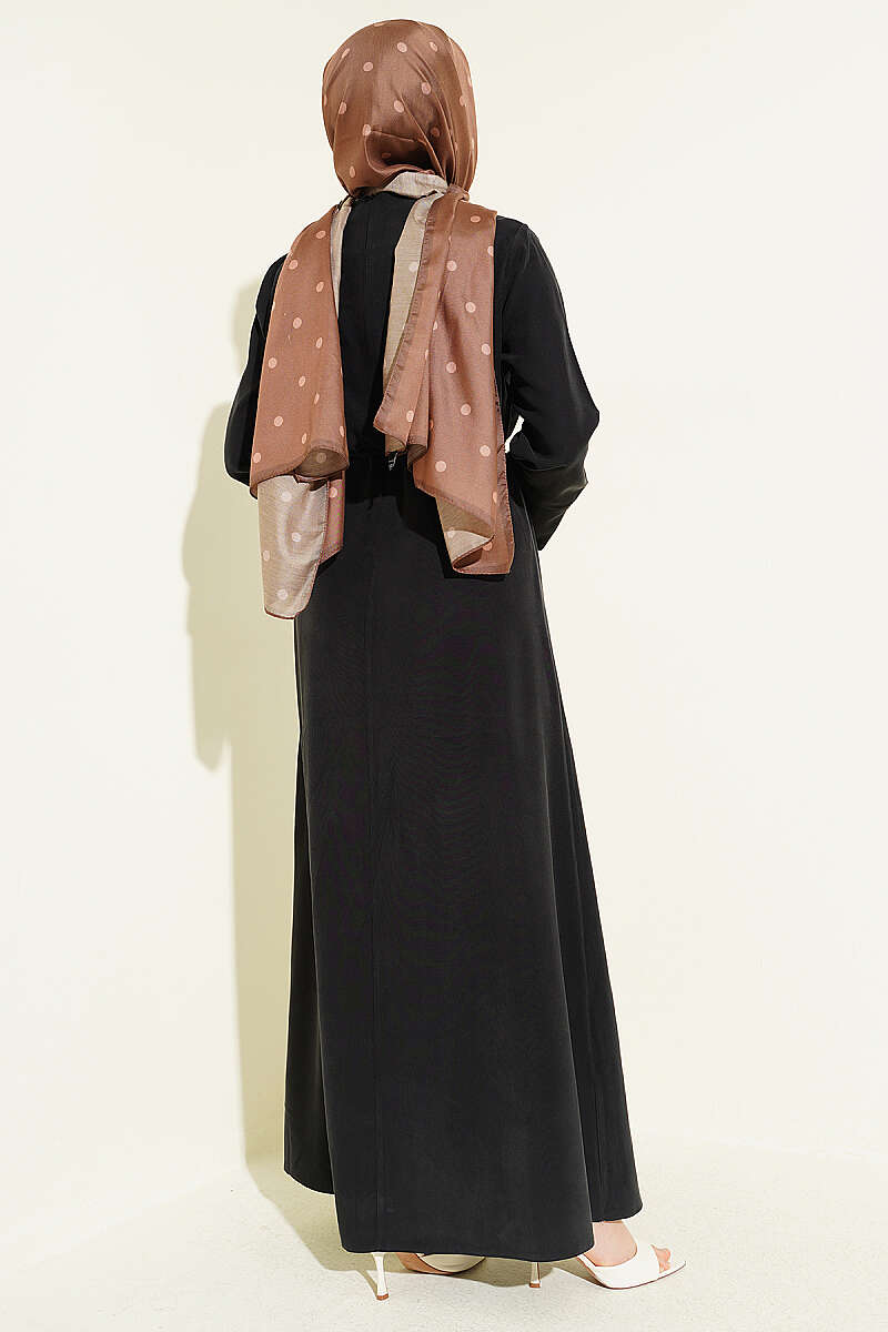 Tencel Dress with Ruched Shoulders and Gold Buckle - Black