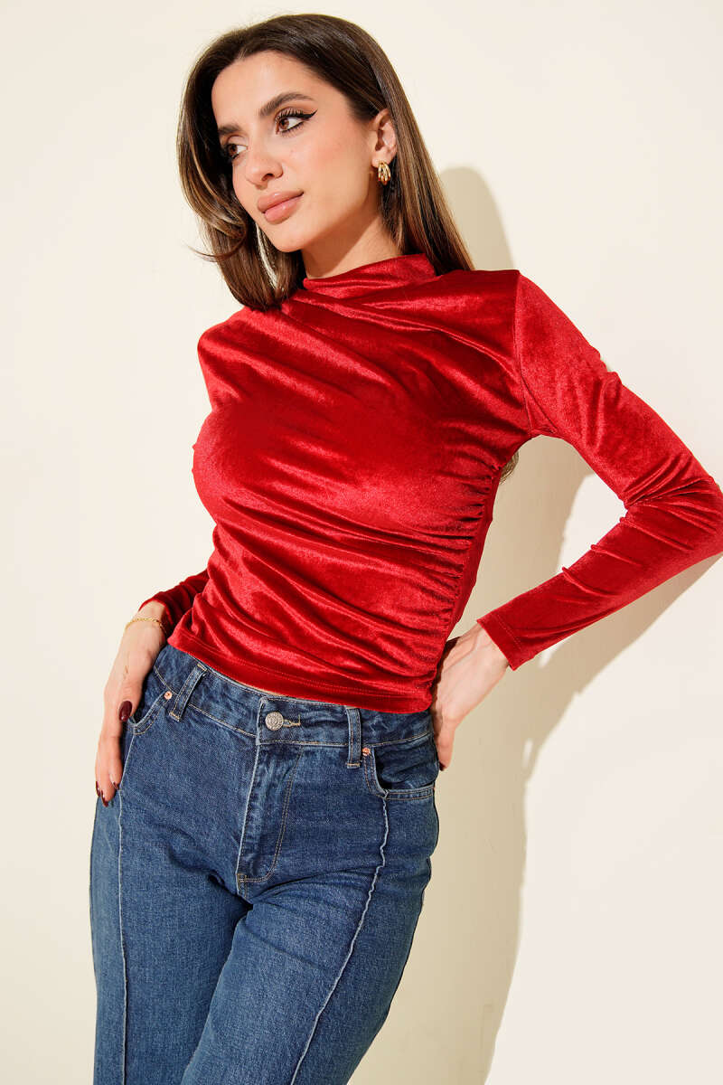 Velvet Crop Top with Ruched Shoulders - Burgundy