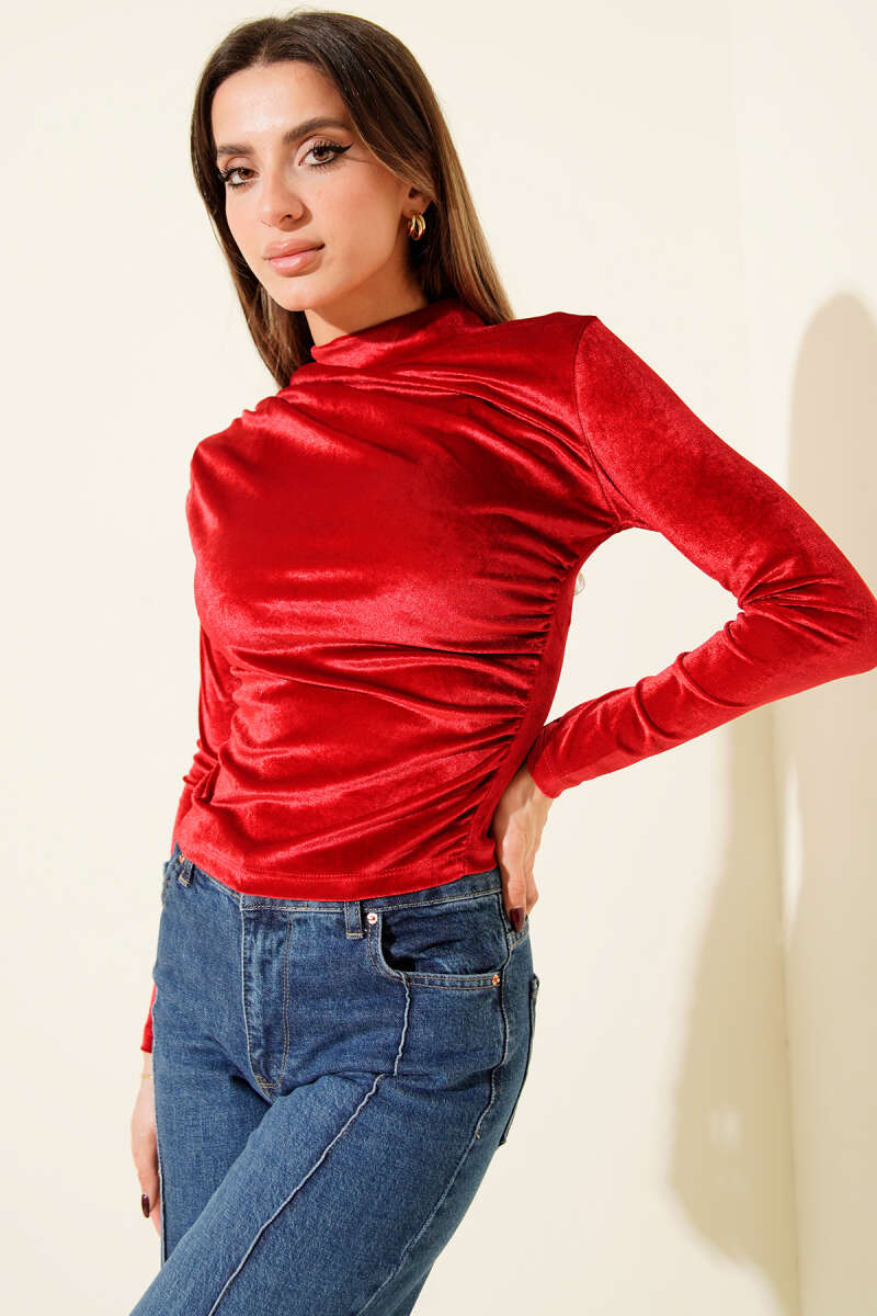 Velvet Crop Top with Ruched Shoulders - Burgundy