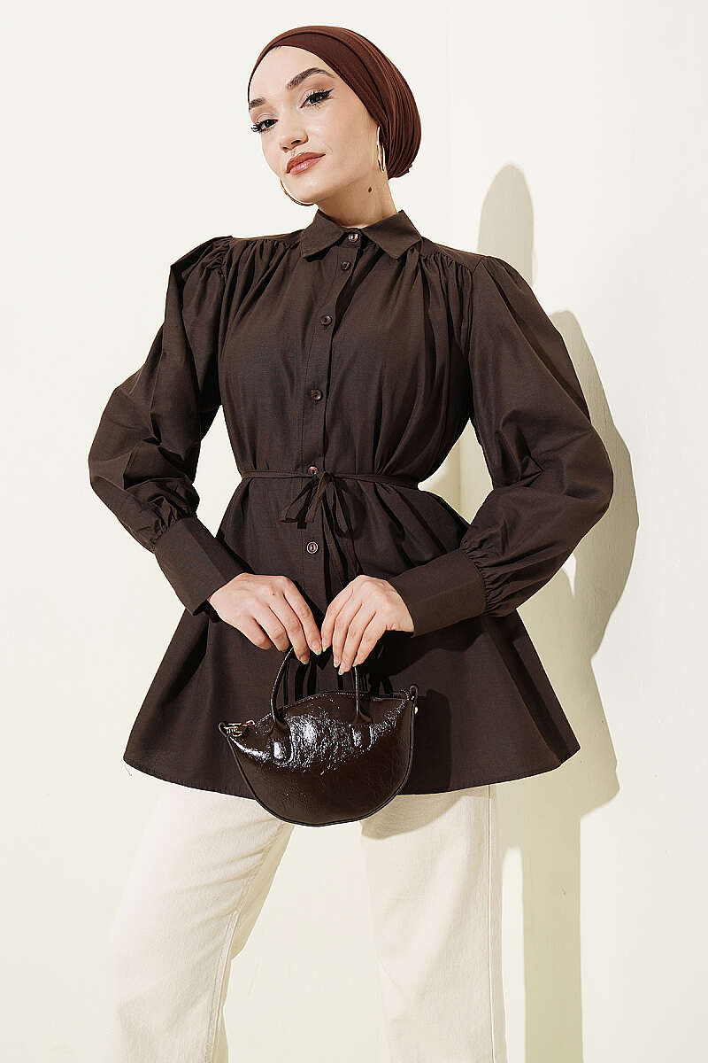 Belted Poplin Shirt with Gathered Shoulders - Dark Brown
