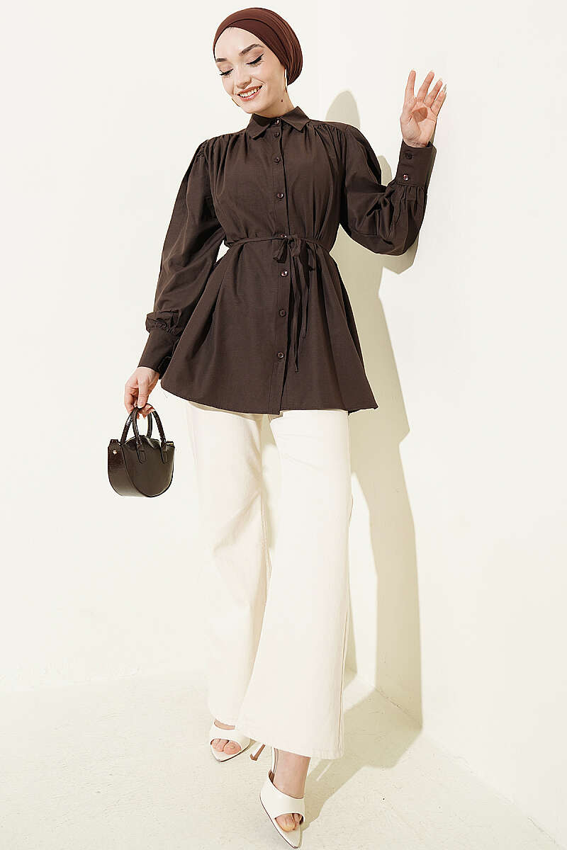 Belted Poplin Shirt with Gathered Shoulders - Dark Brown