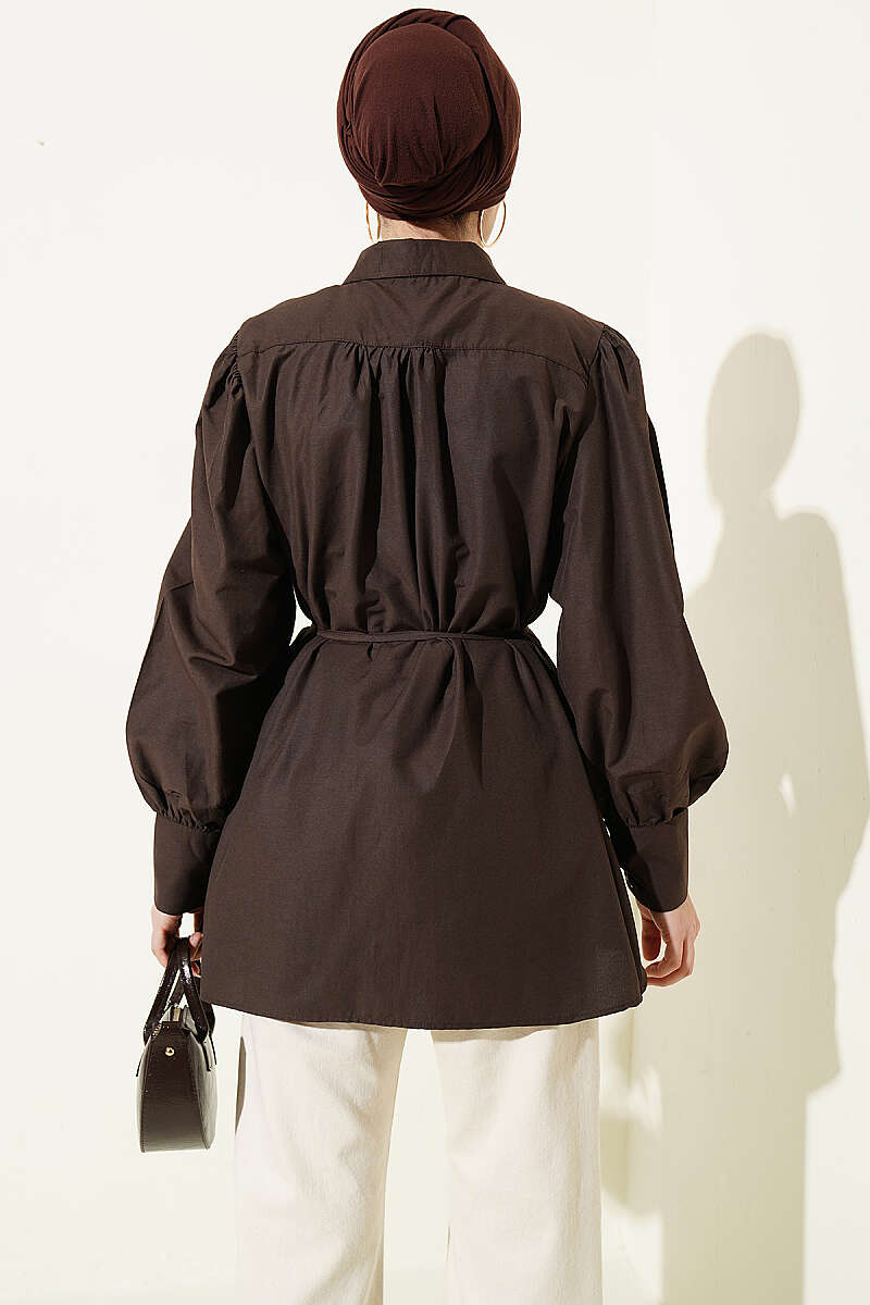 Belted Poplin Shirt with Gathered Shoulders - Dark Brown