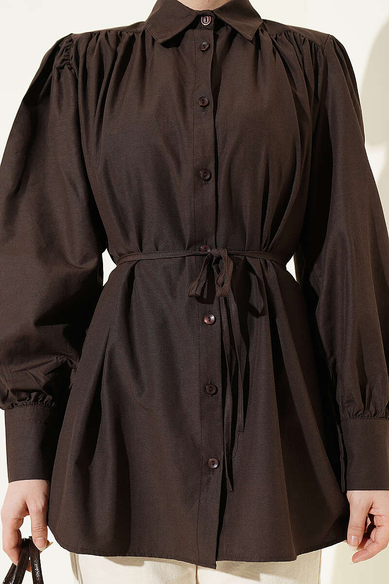 Belted Poplin Shirt with Gathered Shoulders - Dark Brown