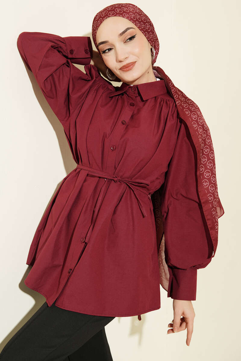 Belted Poplin Shirt with Gathered Shoulders - Burgundy